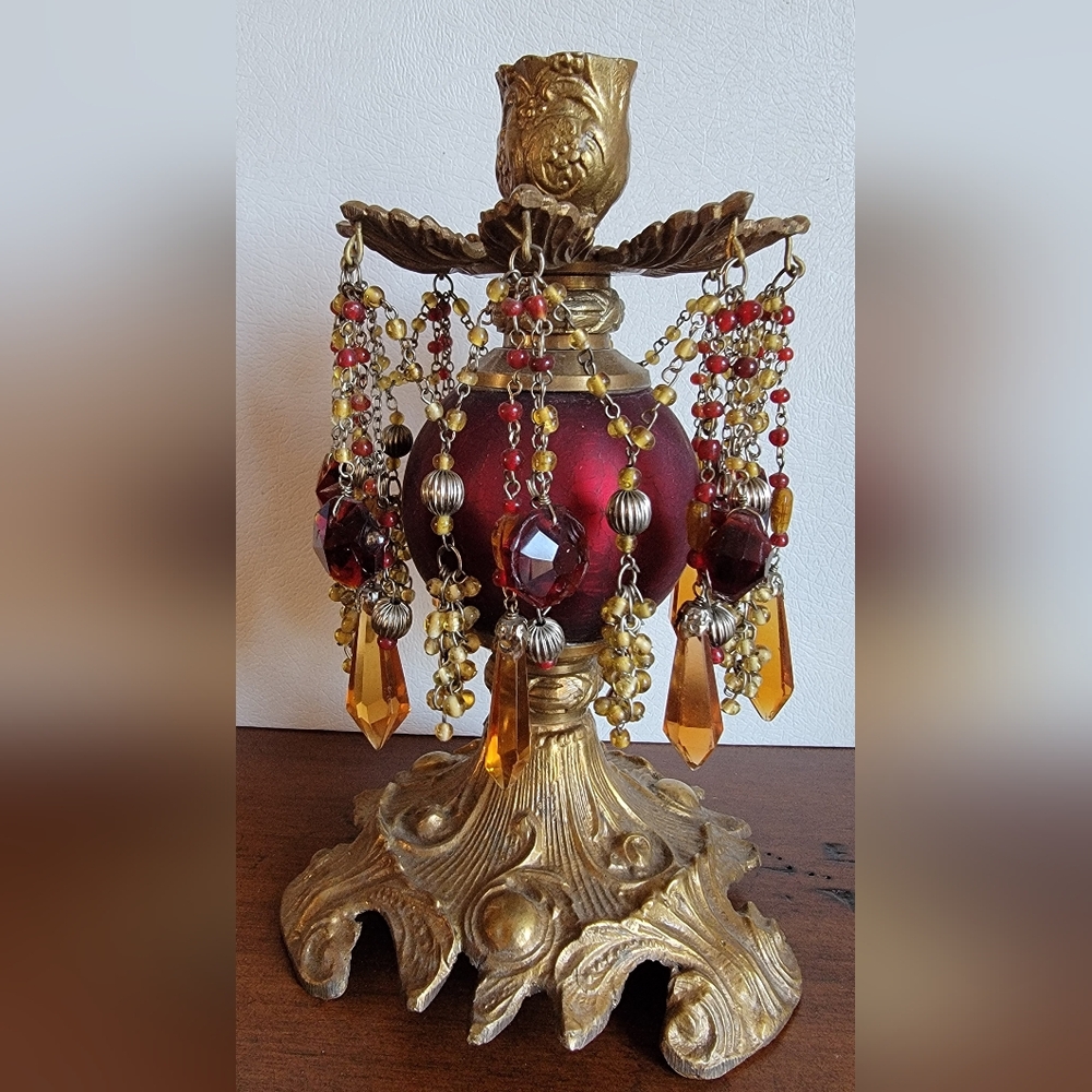VINTAGE HOLLYWOOD REGENCY CANDELABRA CANDLE HOLDER COLORED PRISMS 9" TALL..
